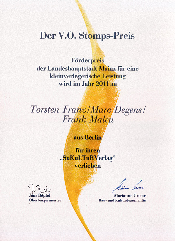 V.O. Stomps-Förderpreis 2011 an SUKULTUR